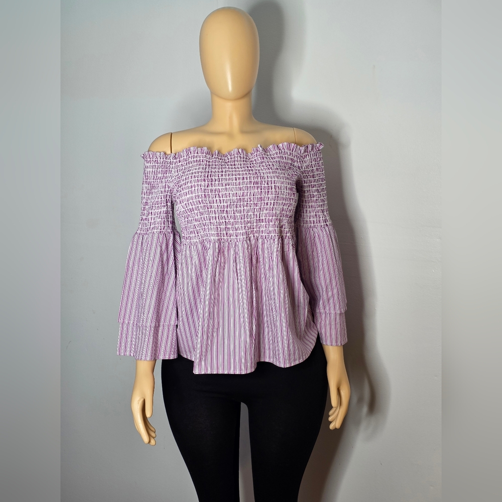 Belle & Sky Off-Shoulder Lavender Stripe Smocked Women's Top Size XL